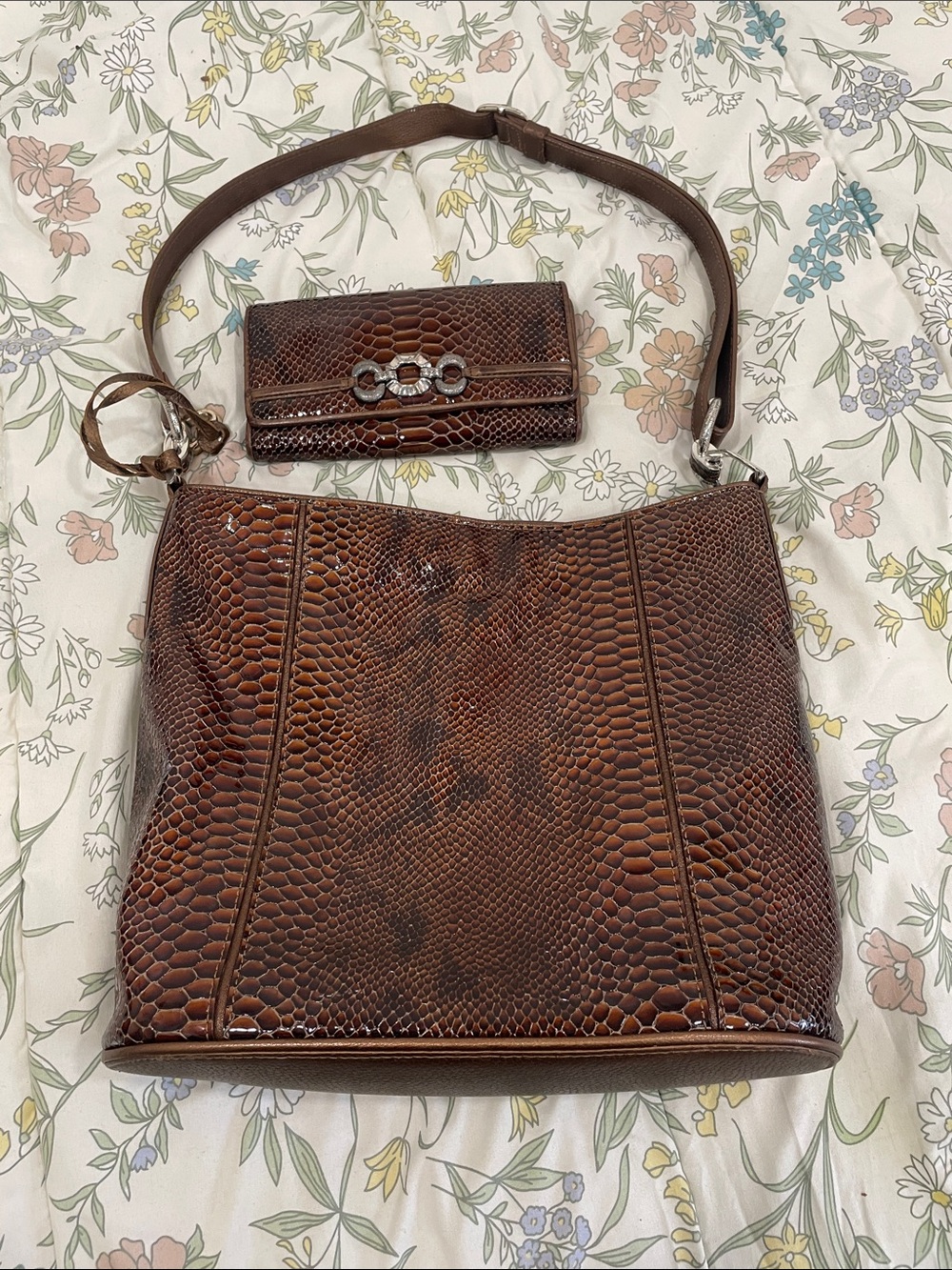 Brighton Brown Faux-Snakeskin Shoulder Bag with Matching Wallet